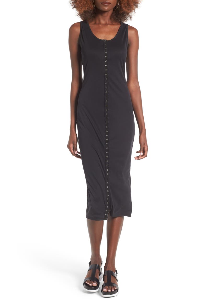 Snap Front Midi Dress, Main, color, BLACK