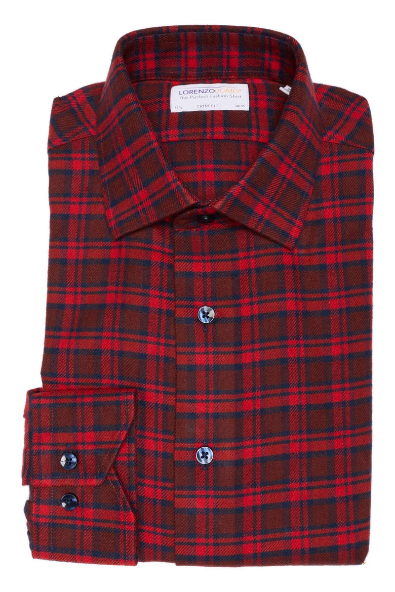 Plaid Flannel Trim Fit Button-Down Shirt, Alternate, color, CRANBERRY