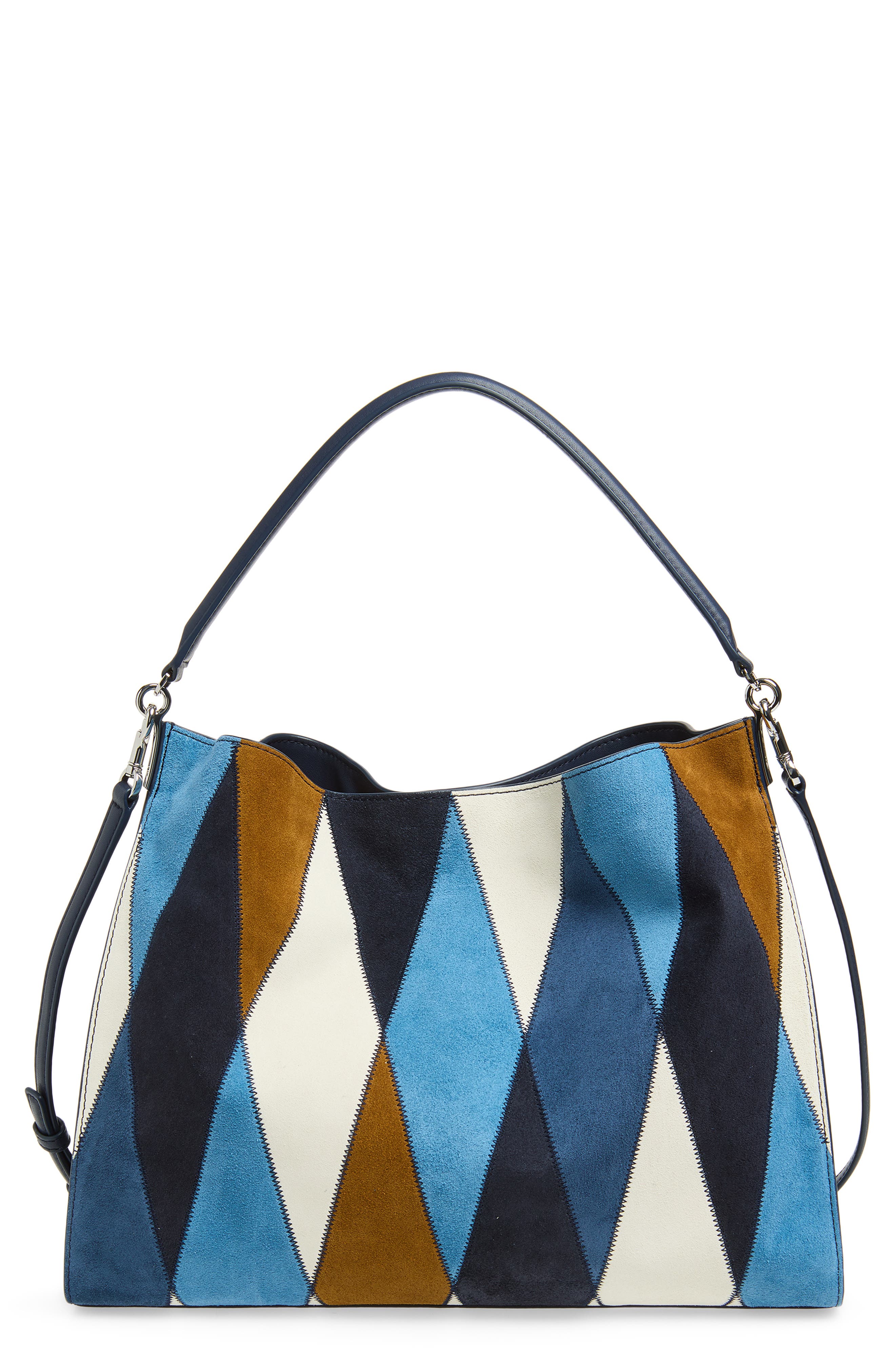 Veronica Beard Vida Patchwork Suede Shoulder Bag, Main, color, Blue Multi
