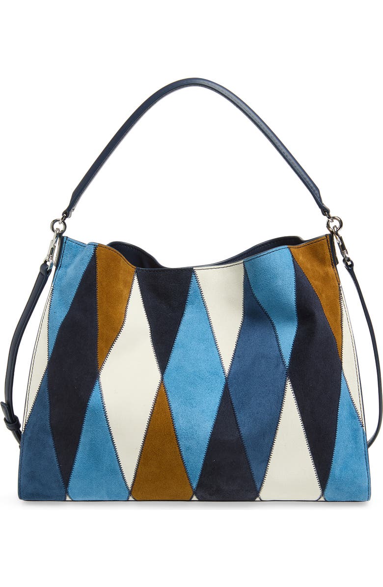 Veronica Beard Vida Patchwork Suede Shoulder Bag, Main, color, Blue Multi