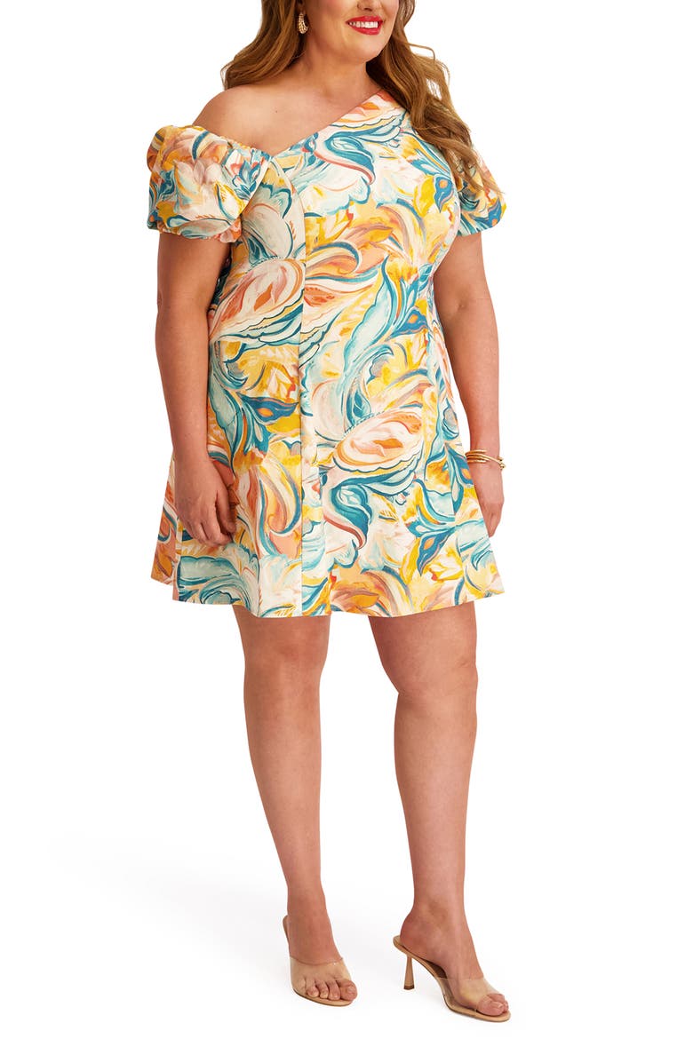 One-Shoulder Puff Sleeve Fit & Flare Dress, Alternate, color, IVORY MULTI