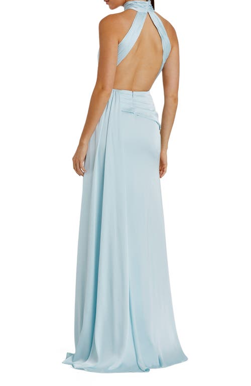 Mac Duggal Open Back High Neck Side Ruched Gown In Powder Blue