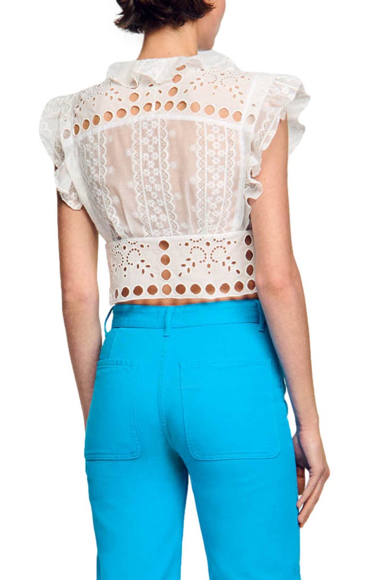 SANDRO Sahar Lace & Eyelet Basque Tie Front Crop Top, Alternate, color,