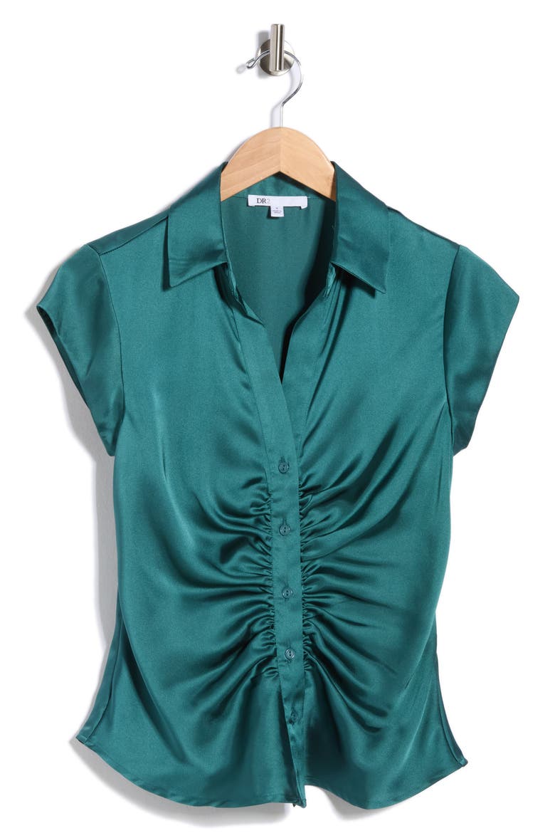Ruched Satin Button-Front Cap Sleeve Blouse, Alternate, color, MEDITERRANEA TCX