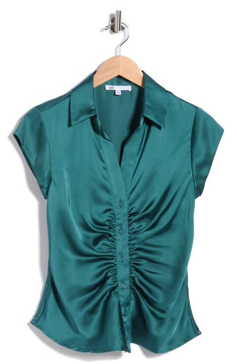 Ruched Satin Button-Front Cap Sleeve Blouse