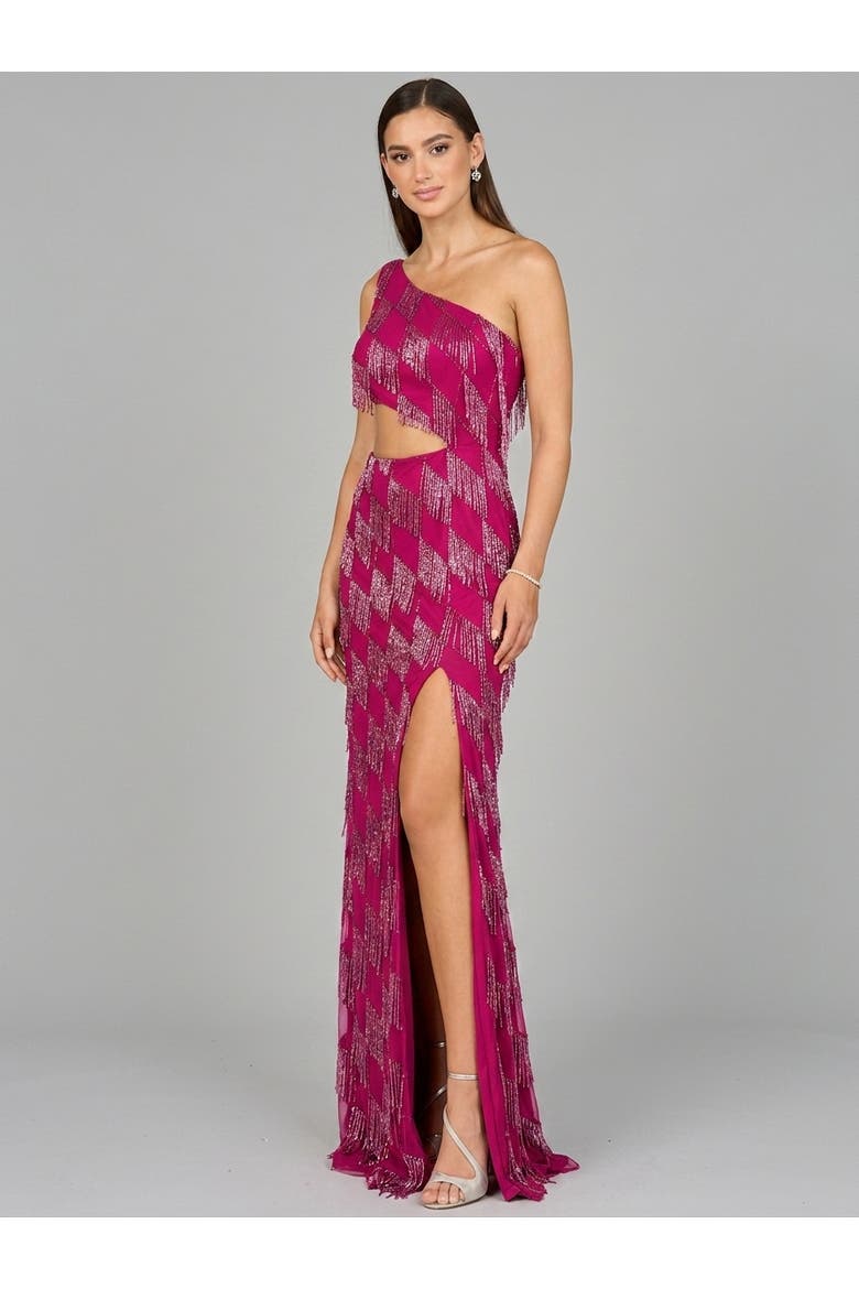 One Shoulder Fringe Gown, Alternate, color, Raspberry
