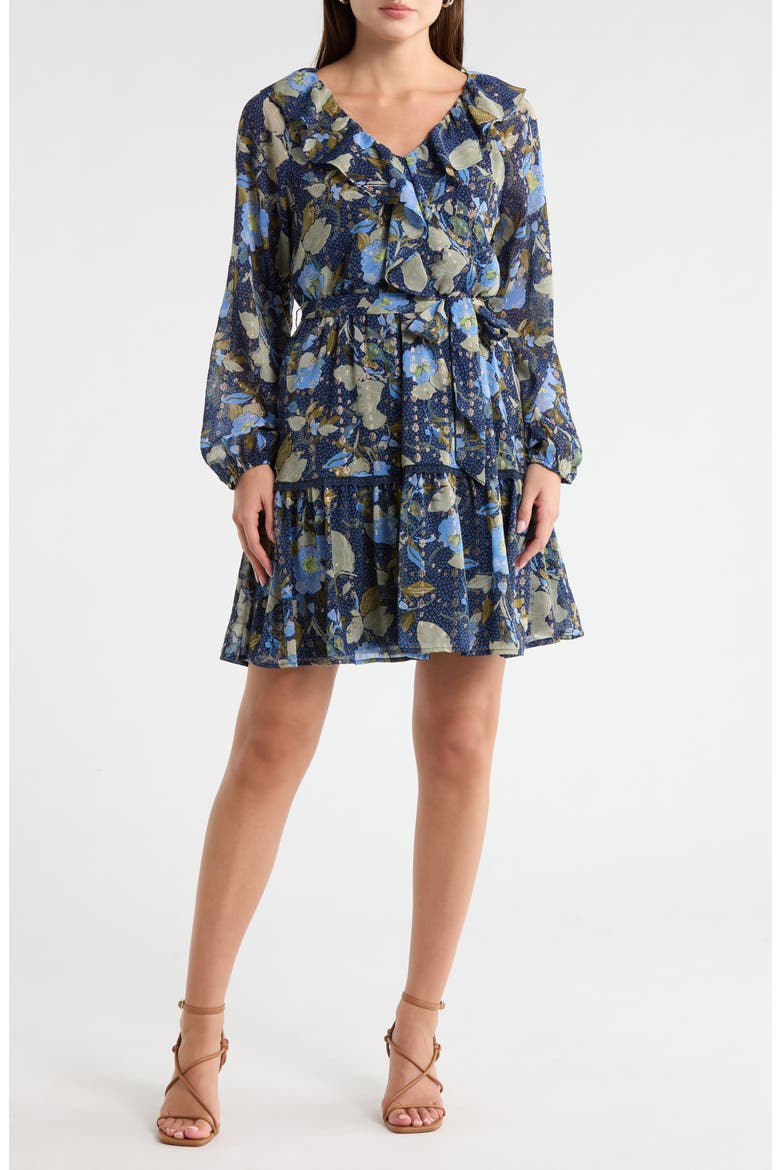 Ruffle Detail Minidress, Main, color, NAVY- OLIVE JACOBEAN BLOOM