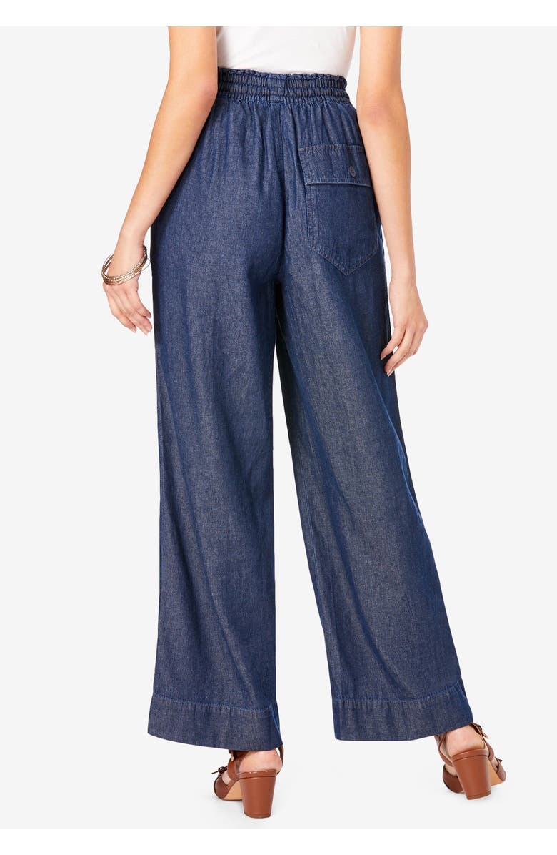 Roaman's Plus Size Pull On Wide Leg Chambray Pant, Alternate, color, Medium Wash