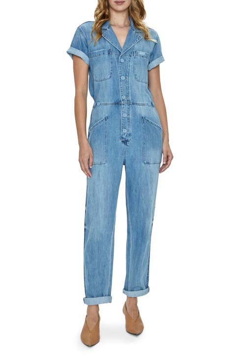 NEAT SILK DENIM OVERALL SHORTS Denim Jumpsuits & Rompers for Women