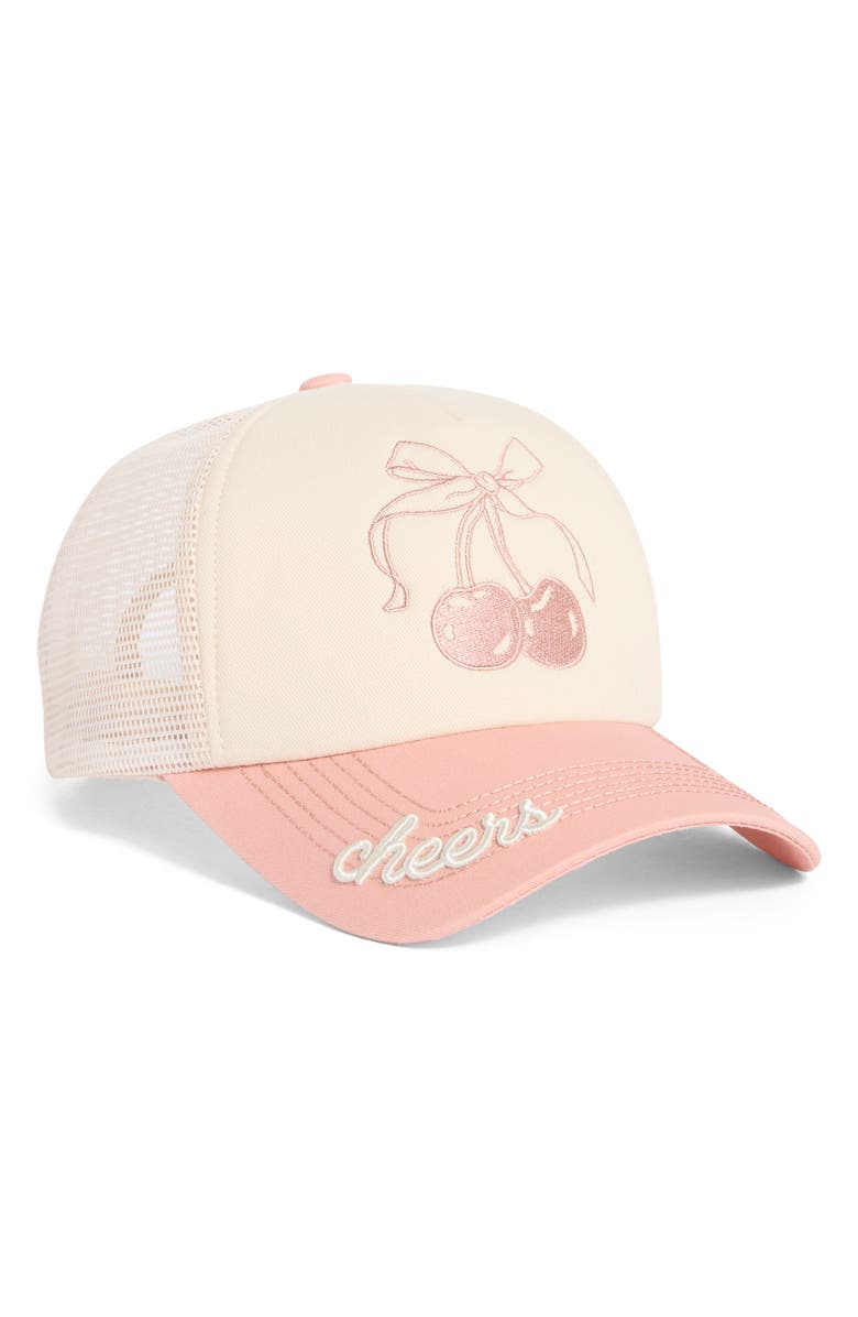 WORN/WEST Cherry Embroidered Trucker Hat, Main, color, Cream/ Pink