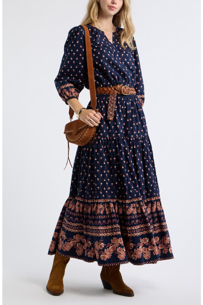 Printed Tiered Cotton Maxi Dress, Alternate, color, NAVY ROSE MIXED
