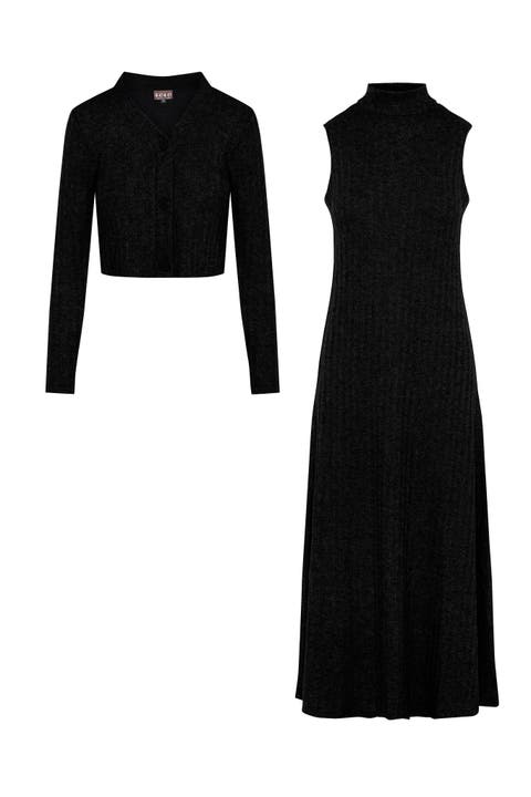 Mock Neck Midi Dress with Invisible Zipper & Button Front Cardigan 2-Piece Set