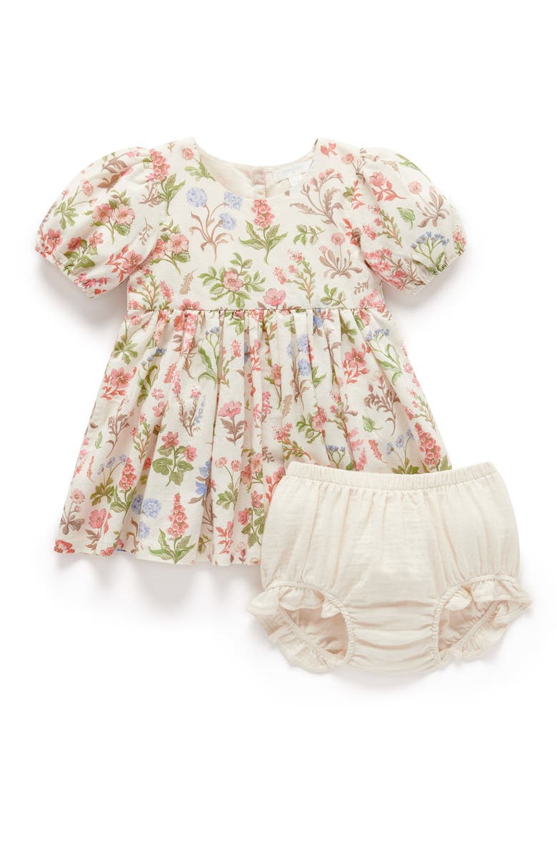 Purebaby Linen Blend Dress & Headband, Main, color, Dune Flowers Print