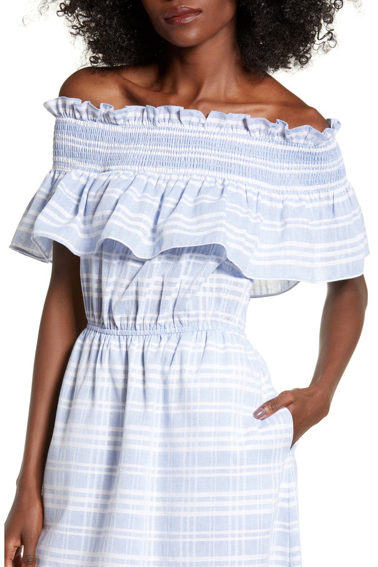 Off the Shoulder Smocked Midi Dress, Alternate, color, BLUE