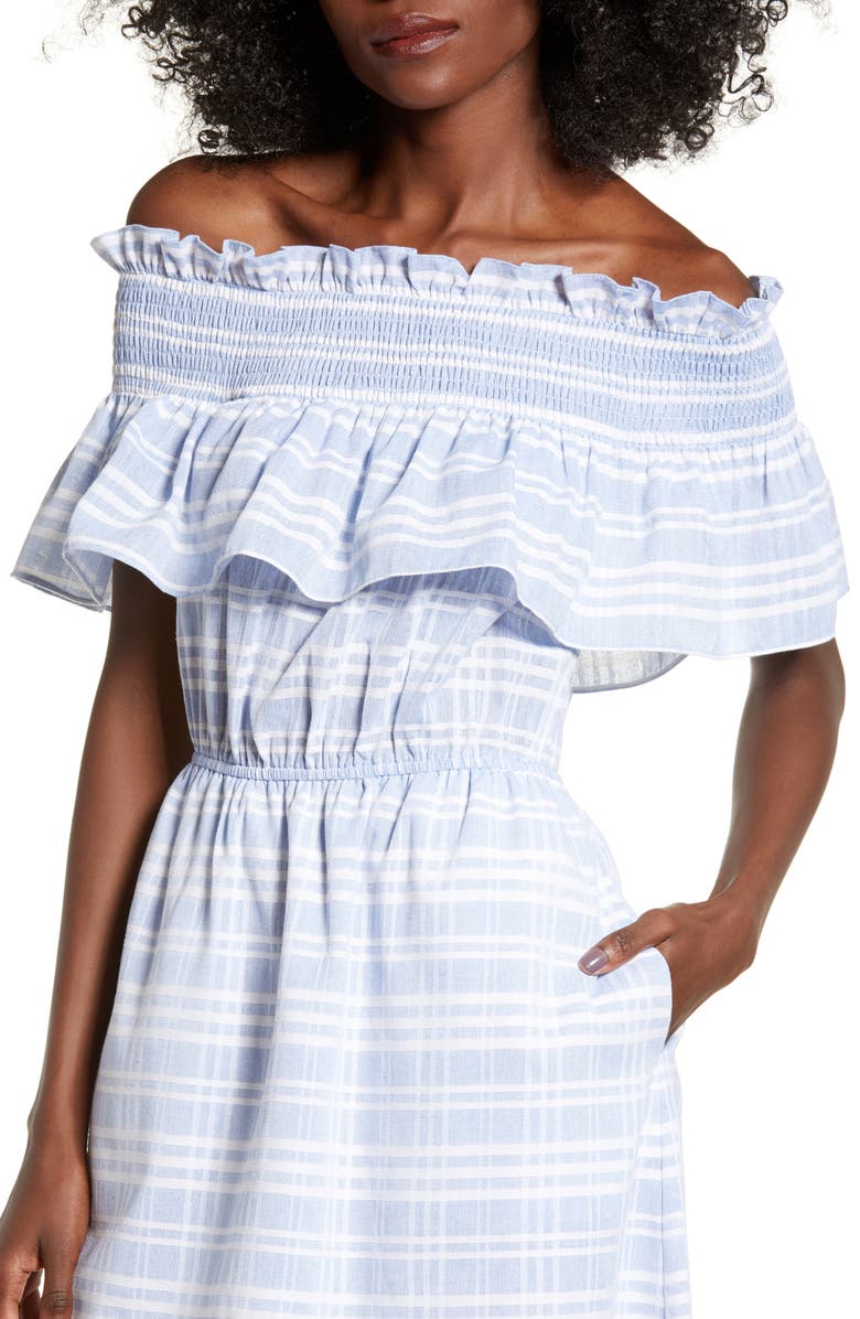 English Factory Off the Shoulder Smocked Midi Dress, Alternate, color, 