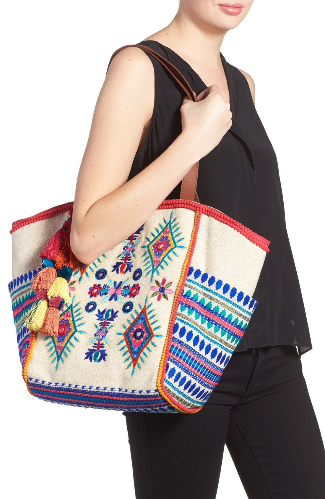 STEVEN by Steve Madden Embroidered Pompom Tote, Alternate, color, 