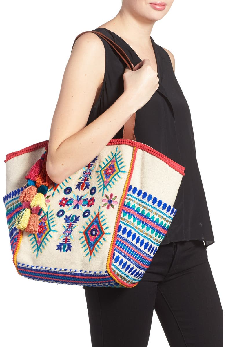 STEVEN by Steve Madden Embroidered Pompom Tote, Alternate, color,