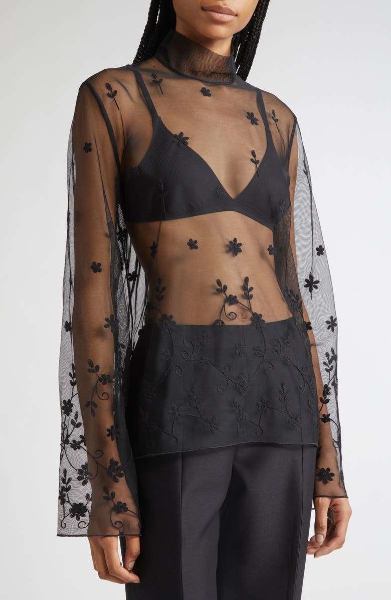 TOTEME Floral Embroidered Tulle Top, Alternate, color, Black/ Black