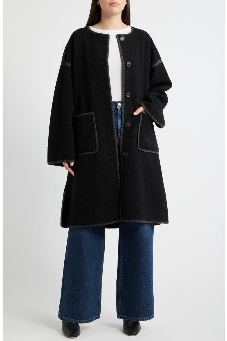 Embroidered Bouclé Coat with Scarf, Alternate, color, BLACK