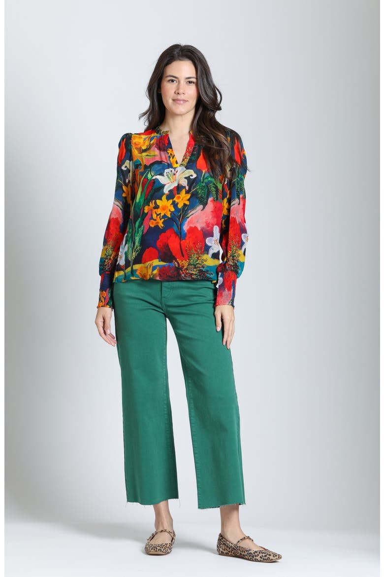Split Neck Top with Smocked Cuffs, Alternate, color, TECHNICOLOR HARVEST