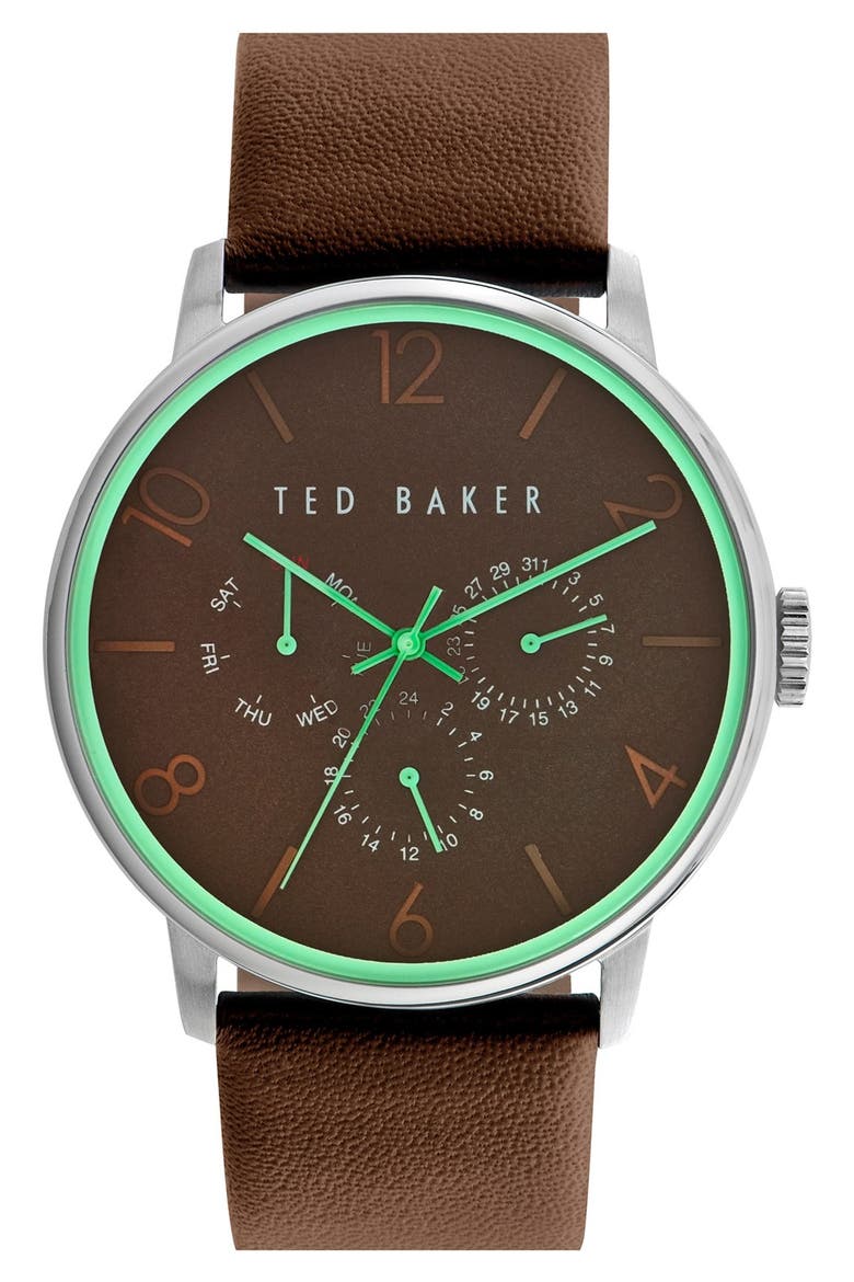 Multifunction Leather Strap Watch, 42mm, Main, color, BROWN/ GREEN