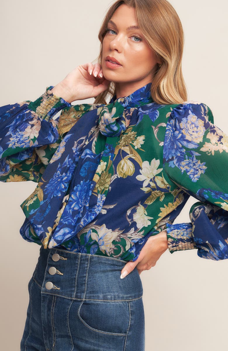 FLYING TOMATO Floral Tie Neck Long Sleeve Button-Up Shirt, Alternate, color, Navy/Green