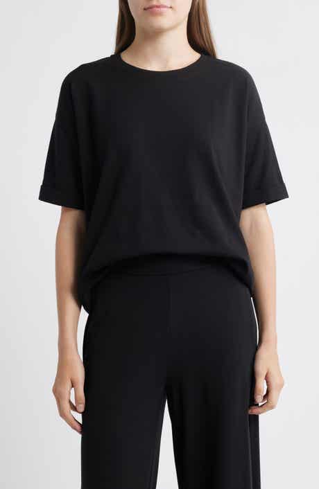 Eileen Fisher Cuffed Sleeve Cotton Crewneck T-Shirt