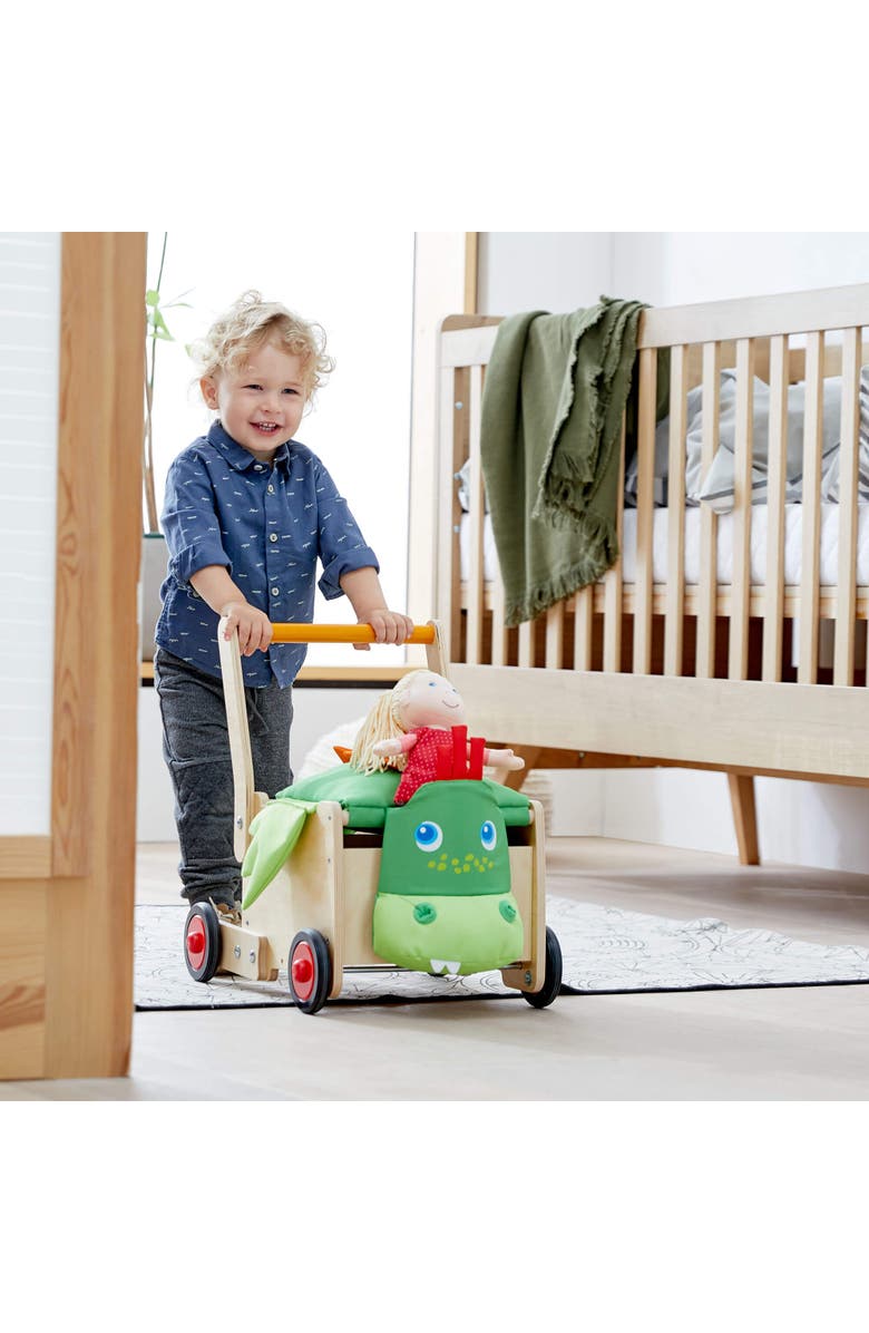 HABA Dragon Wooden Baby Walker Wagon and Baby Push Toy that Turns into a Toy Box for Toddlers, Push Walker with Brake for Adjustable Speed, Alternate, color, Green Multi