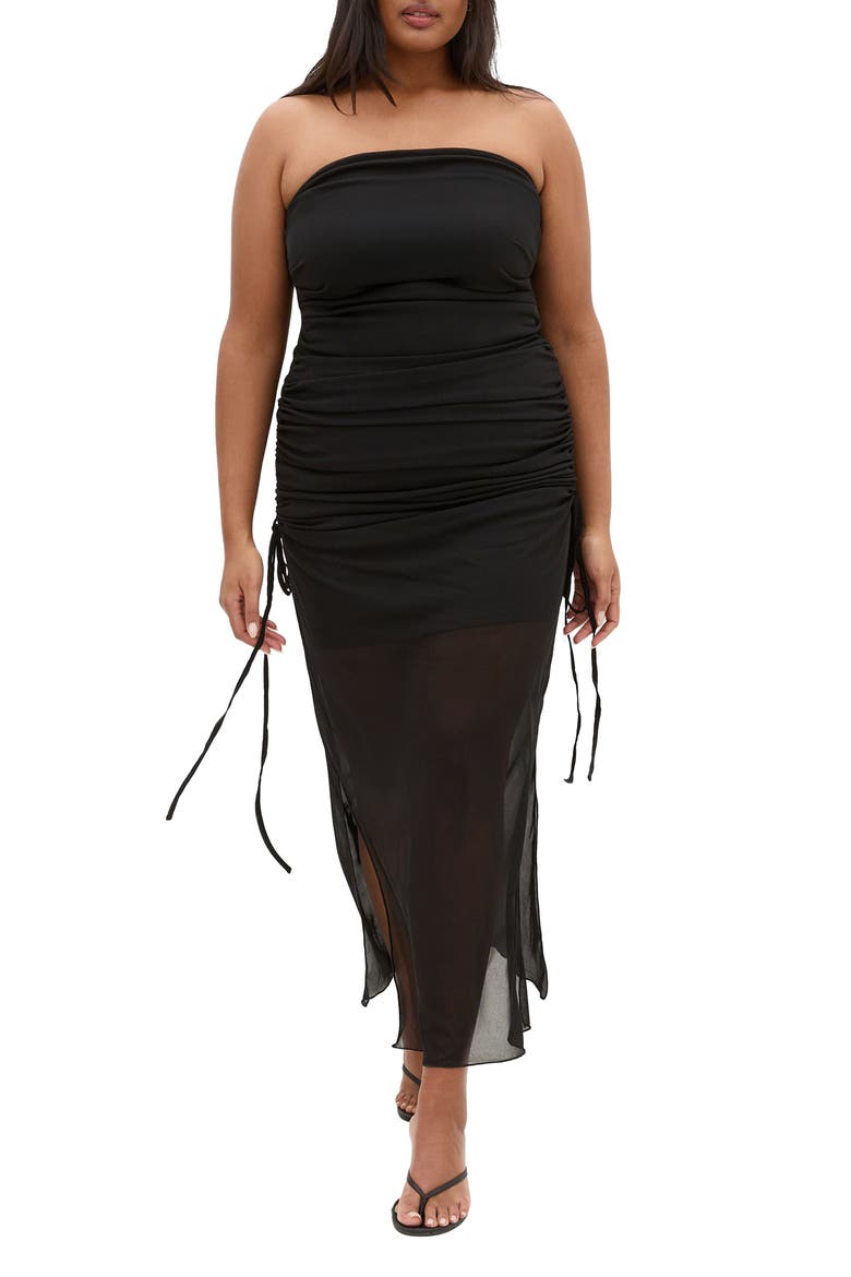 Shelly Ruched Strapless Maxi Dress, Main, color, BLACK