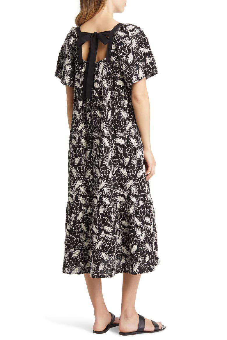 Neia Floral Embroidered Cotton A-Line Dress, Alternate, color, BLACK