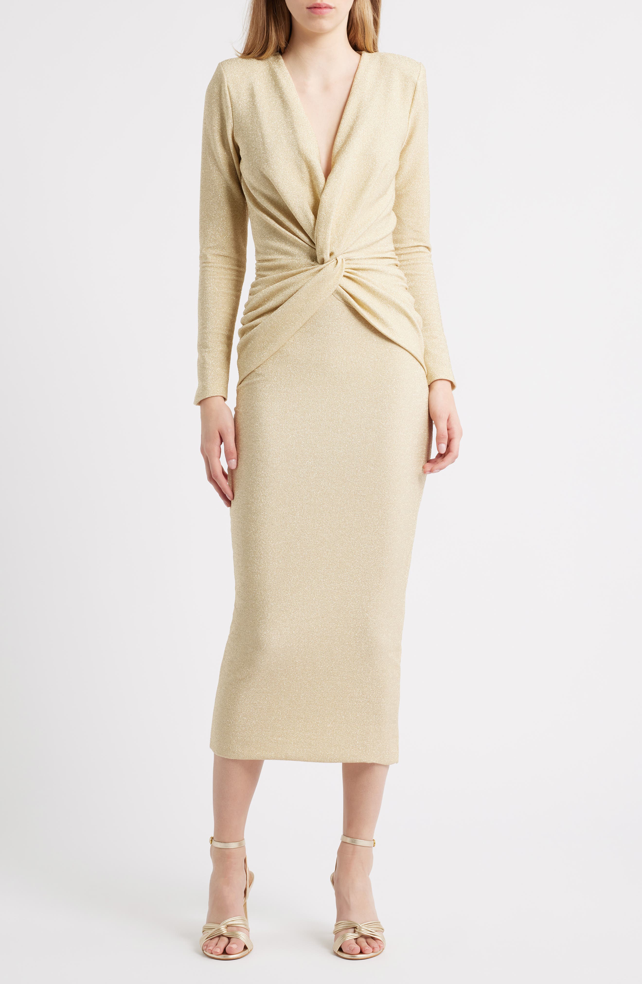 Jara Starry Metallic Twist Front Midi Gown