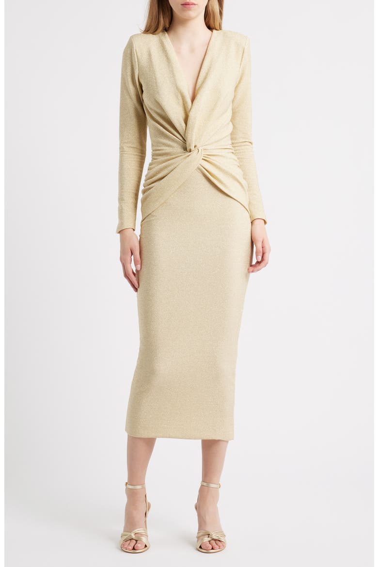 Jara Starry Metallic Twist Front Midi Gown, Main, color, GOLD