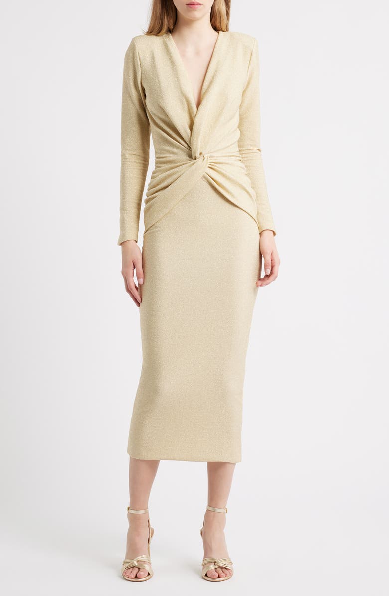 Chiara Boni La Petite Robe Jara Starry Metallic Twist Front Midi Gown, Main, color, Gold