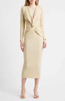 Jara Starry Metallic Twist Front Midi Gown