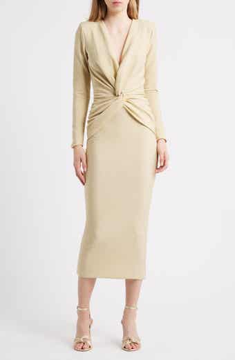 Jara Starry Metallic Twist Front Midi Gown