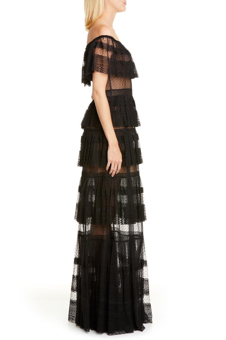 Off the Shoulder Tiered Gown, Alternate, color, BLACK