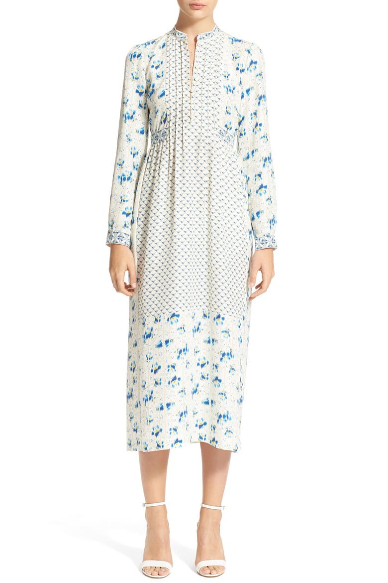 'Lauren' Print Silk Marocain Midi Dress, Main, color, WHITE/ BLUE