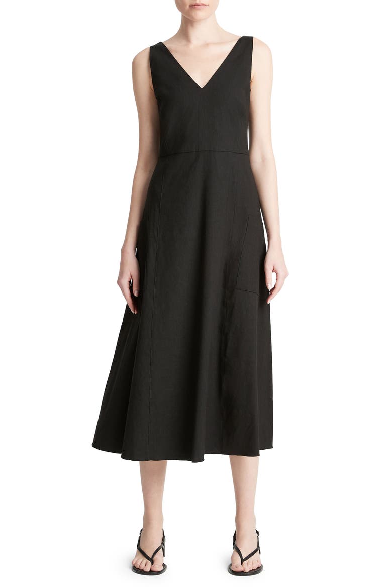 Relaxed Sleeveless Linen Blend Midi Dress, Main, color, BLACK