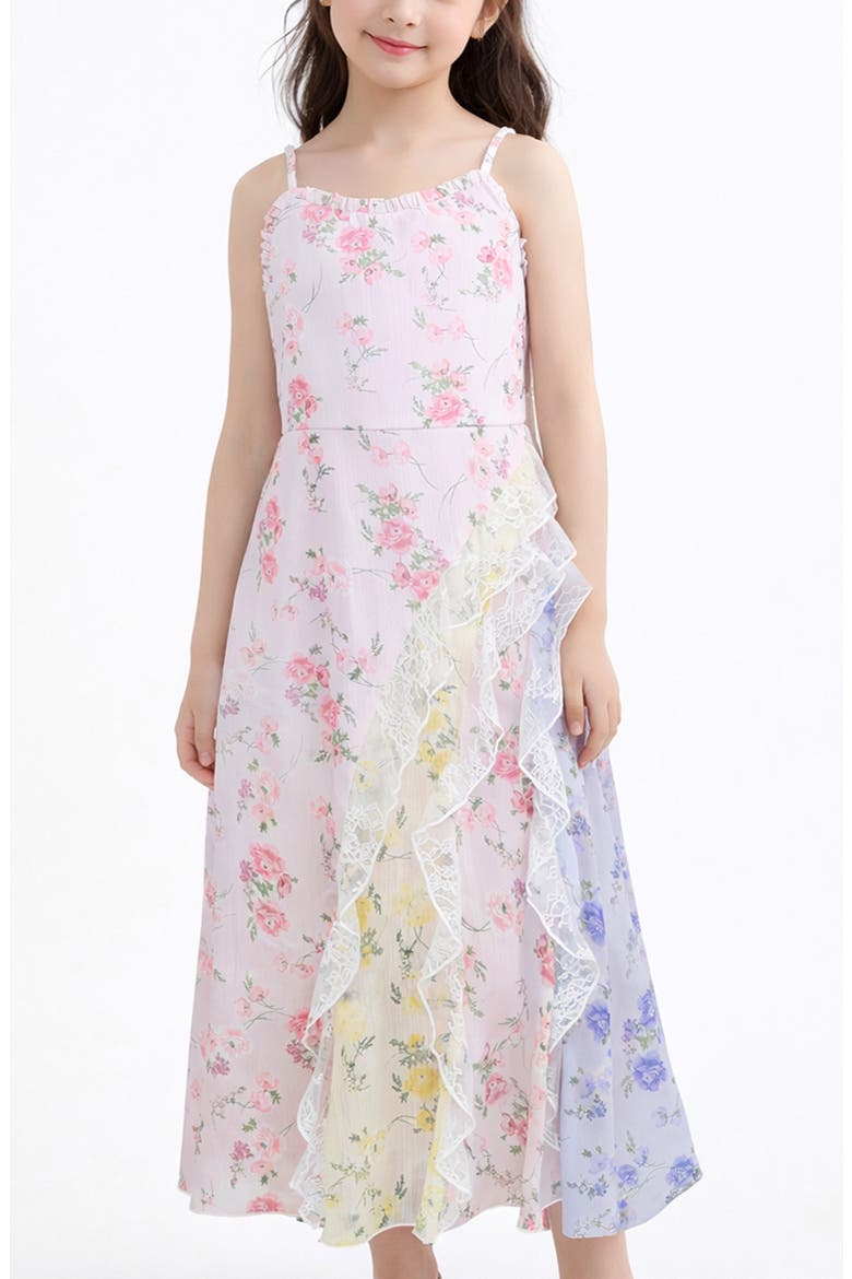 Kids' Ruffle Lace Trim Chiffon Party Dress, Alternate, color, PINK MULTI