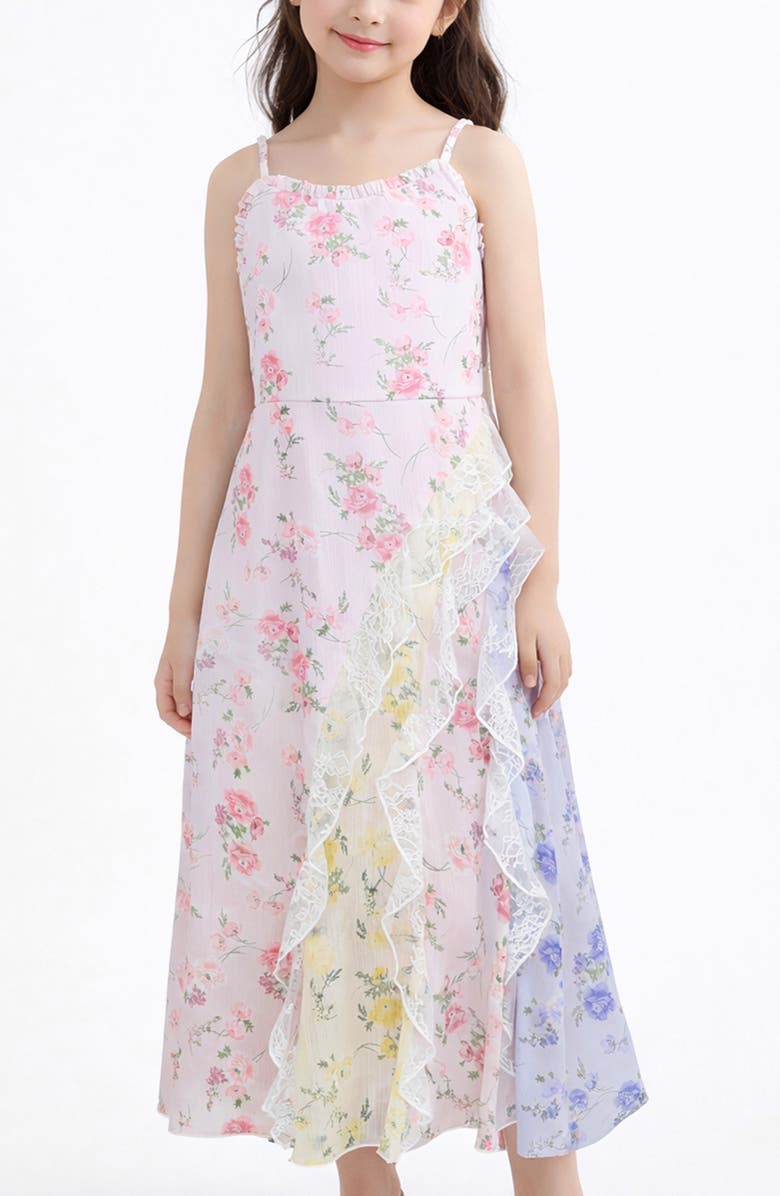 Zunie Kids' Ruffle Lace Trim Chiffon Party Dress, Alternate, color, Pink Multi