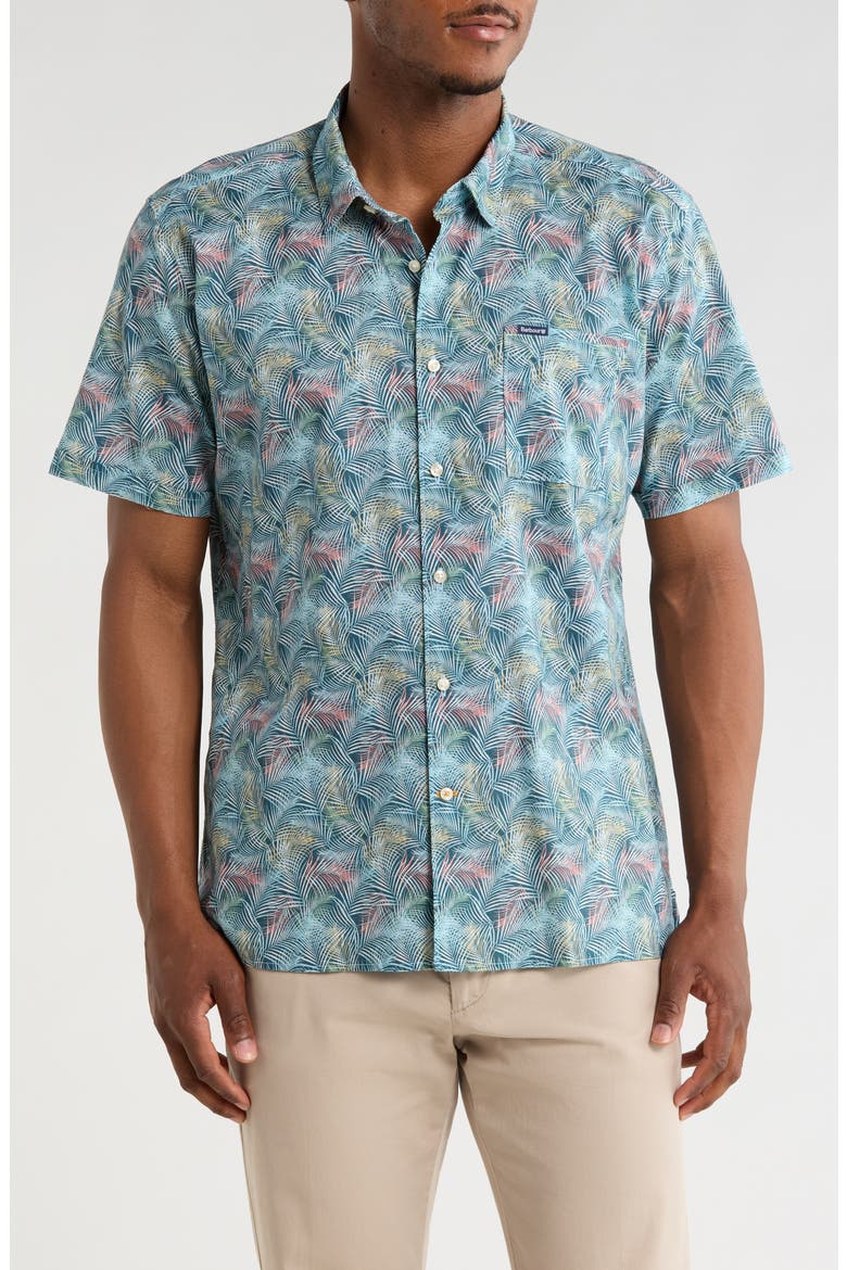 Devon Regular Fit Fern Print Short Sleeve Button-Up Shirt, Main, color, DUSK BLUE