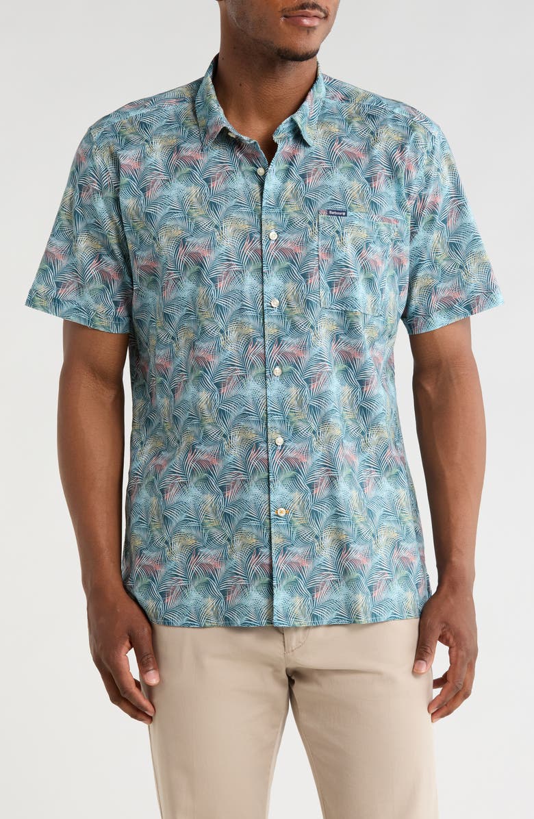 Barbour Devon Regular Fit Fern Print Short Sleeve Button-Up Shirt, Main, color, Dusk Blue