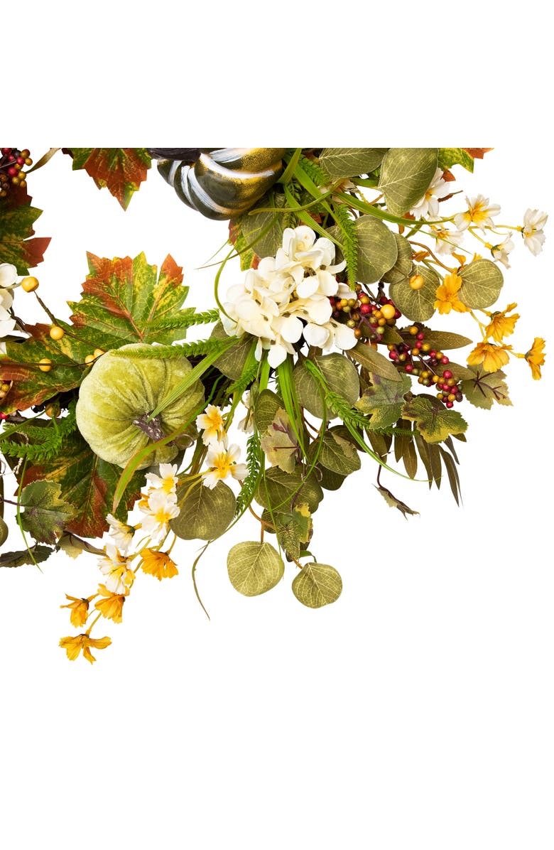 Northlight Velvet Pumpkins, Hydrangeas and Maple Leaves Artificial Fall Harvest Wreath - 24", Alternate, color, Green