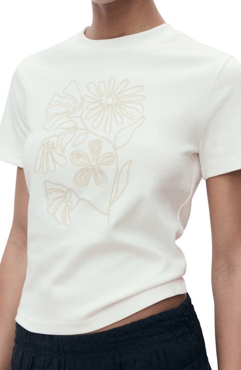Flower Embroidered Cotton T-Shirt