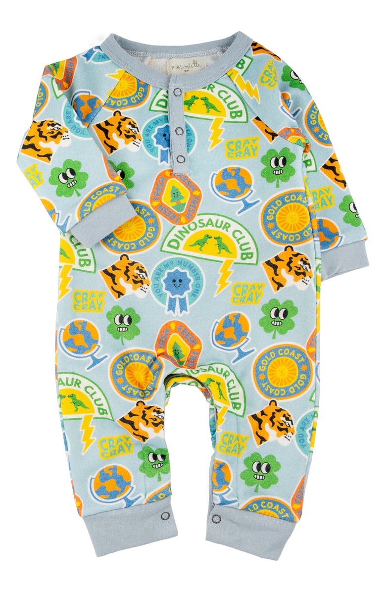 Miki Miette Bailey Travel Print Cotton Henley Romper, Main, color, Dino Club