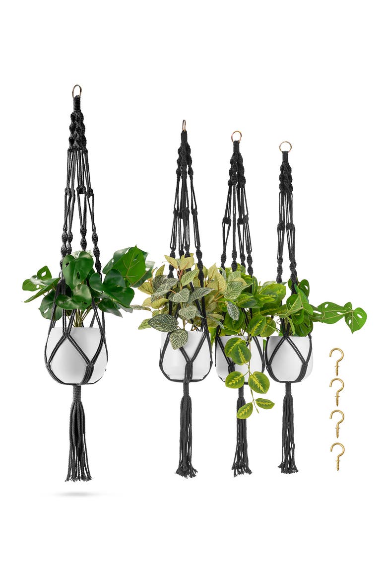 4-Piece Set Macrame Hanging Plant Hangers, Alternate, color, BLACK