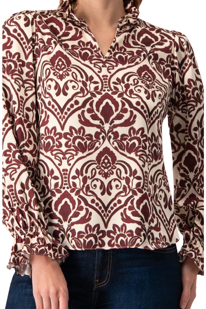Ruffled V-Neck Abstract Blouse, Alternate, color, Wine