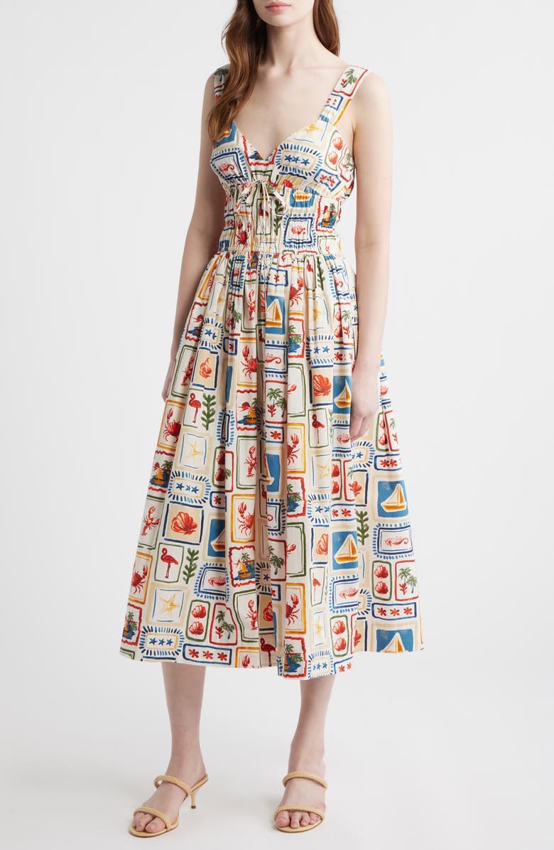 MOON RIVER Postcard Print Cotton Midi Dress, Main, color, Beige Multi