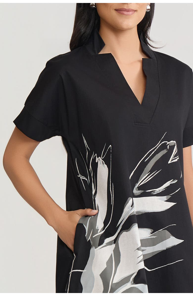 Ming Wang Relaxed A-Line Floral Printed Stretch Cotton Dress, Alternate, color, Black/White