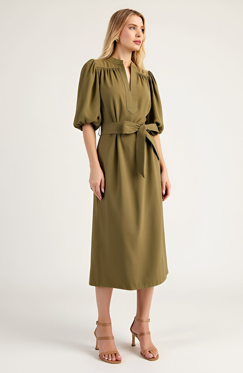 Modenaire Belted Midi Dress with Puff Elbow Sleeves and Keyhole Neckline, Alternate, color, Olive Green
